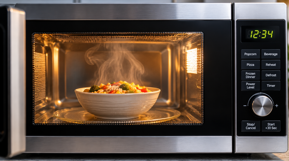 what is a microwave oven.
Close-up of a microwave oven heating a bowl of food.