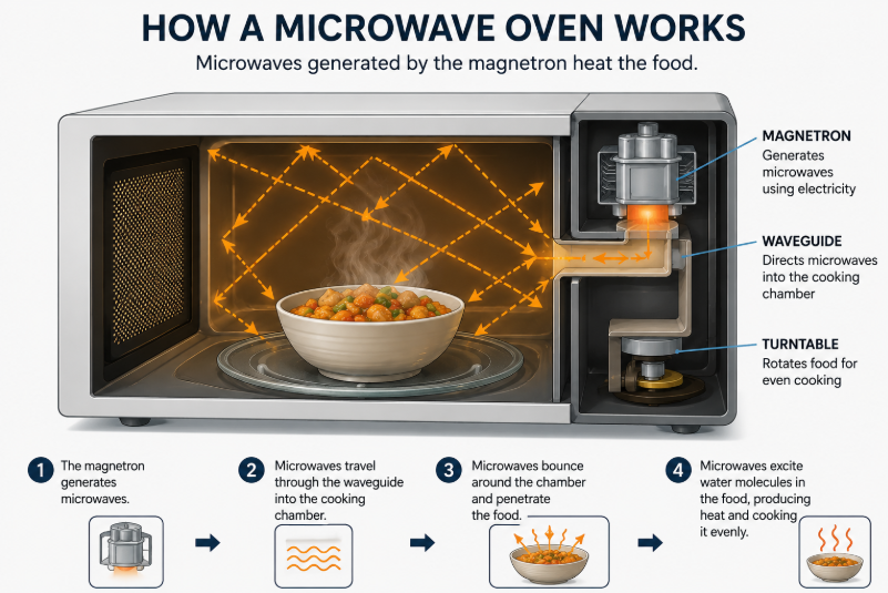 A simple illustration showing microwaves being produced by the magnetron and heating food inside the microwave oven.