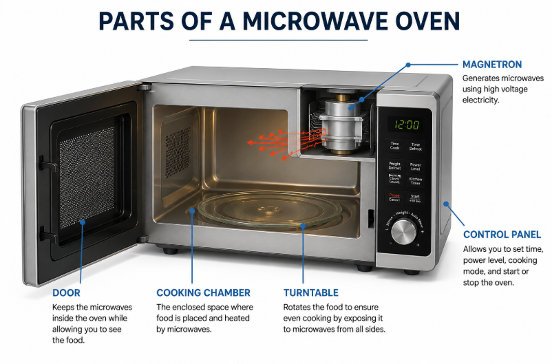 A labeled diagram of a microwave oven showing the magnetron, control panel, cooking chamber, turntable and door.