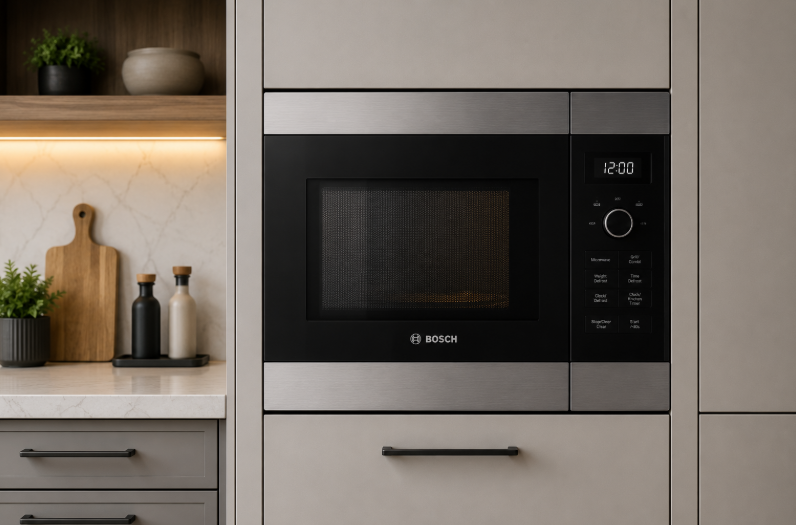 A built-in microwave integrated into kitchen cabinets.