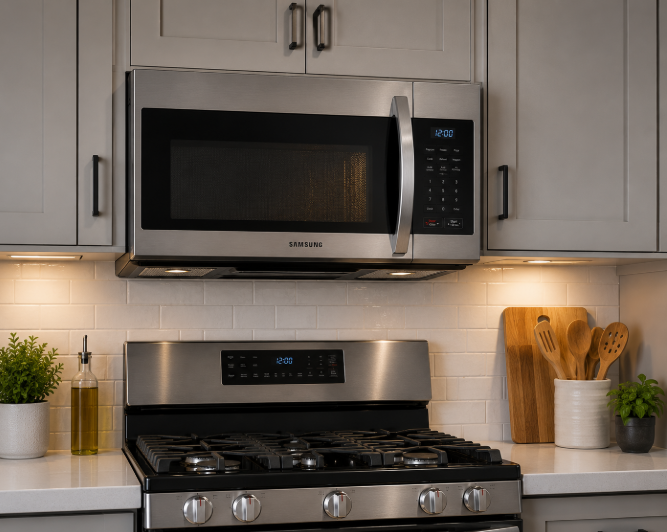 An over-the-range microwave installed above a stove.