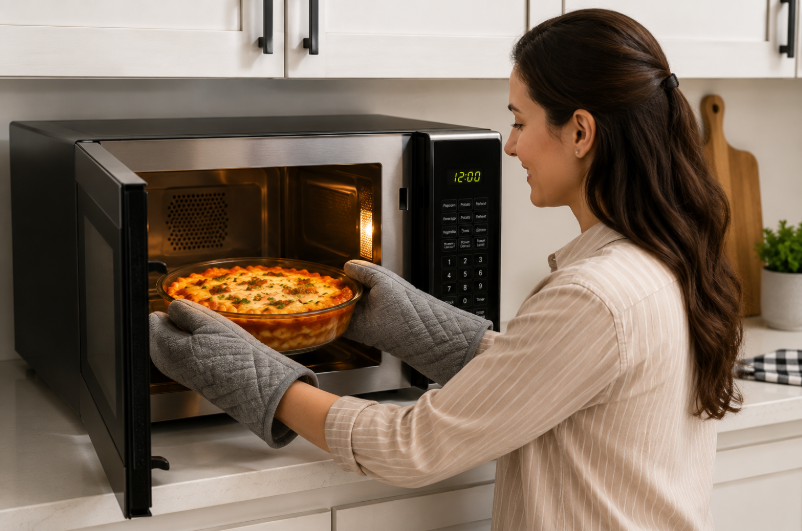 A person using oven mitts to safely remove hot food from a microwave.
