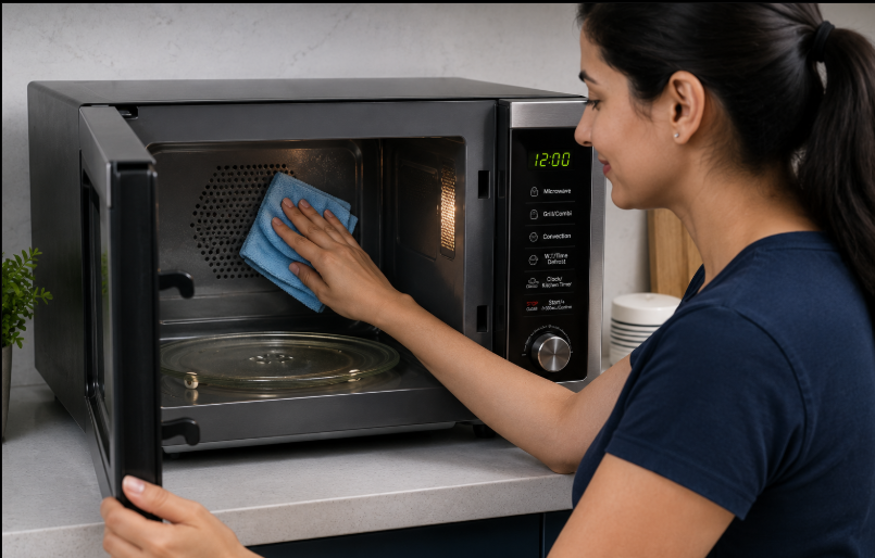 A person cleaning the inside of a microwave with a soft microfiber cloth.