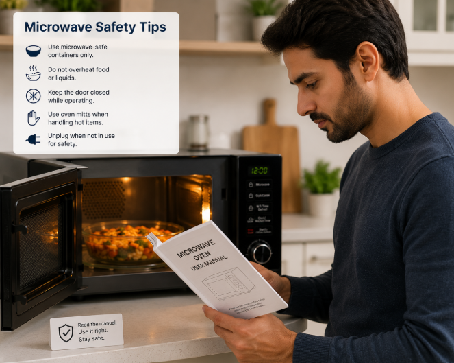 A person reading a microwave user manual while using the appliance safely.