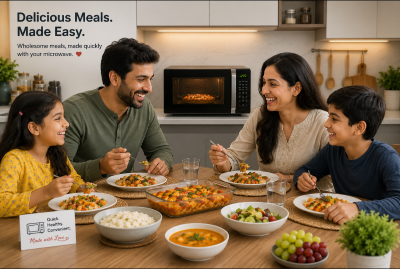A happy family enjoying a meal prepared using a microwave oven in a modern kitchen