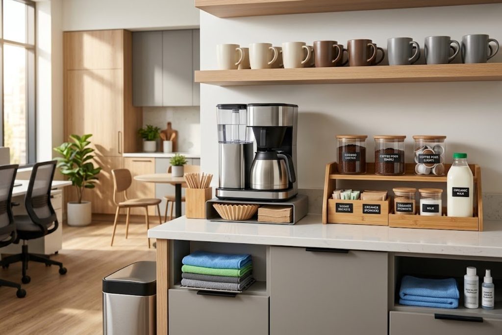 Organized office coffee station with coffee maker, mugs, supplies, and cleaning accessories