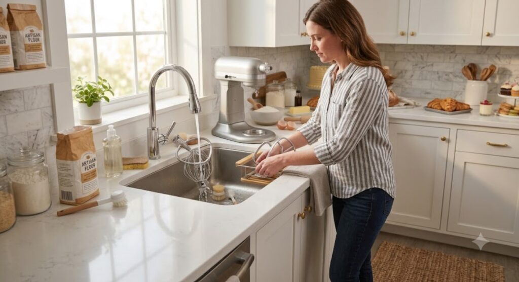 Cleaning mixer attachments after use.