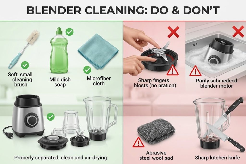 Safe and unsafe blender cleaning practices including blades, motor base and cleaning tools.