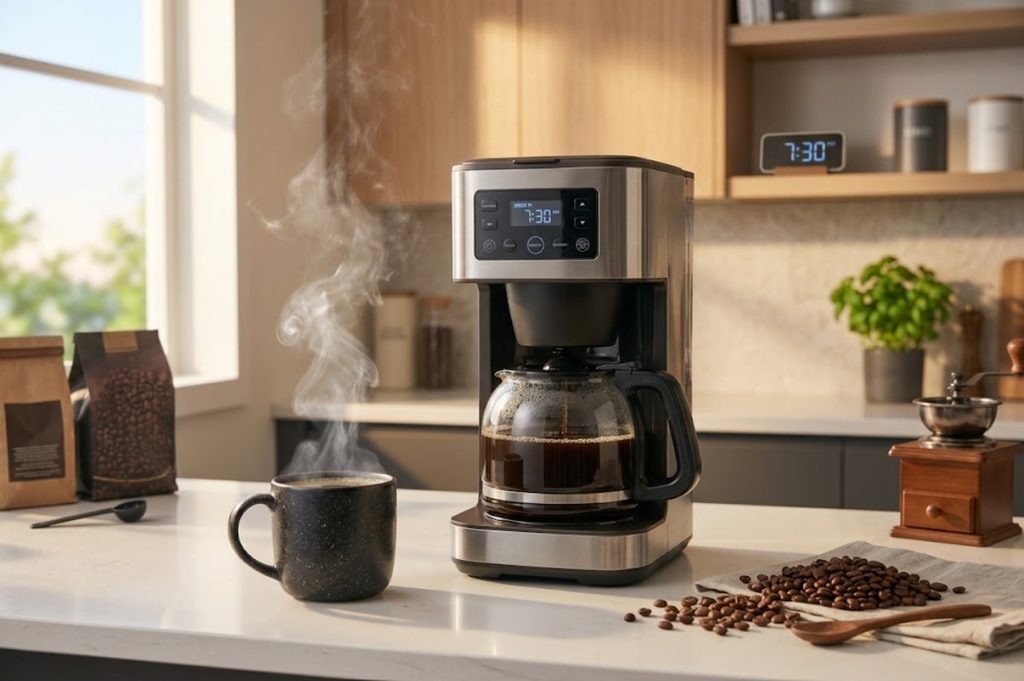 best programmable coffee makers brewing fresh coffee in a modern kitchen in the morning