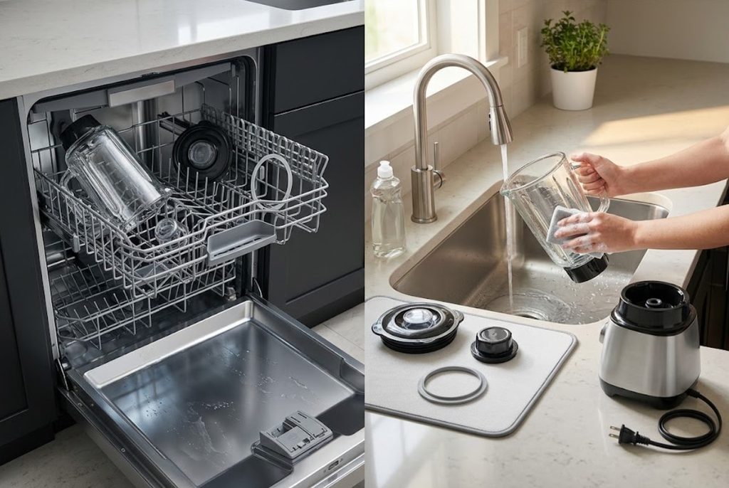 Dishwasher and hand-washing methods for cleaning blender components.