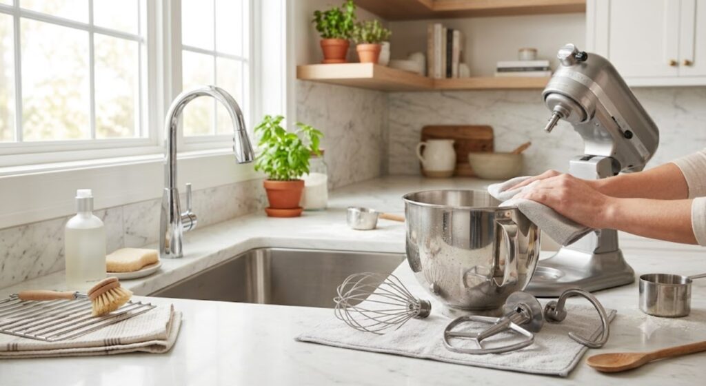 Cleaning and maintaining a kitchen mixer after baking.