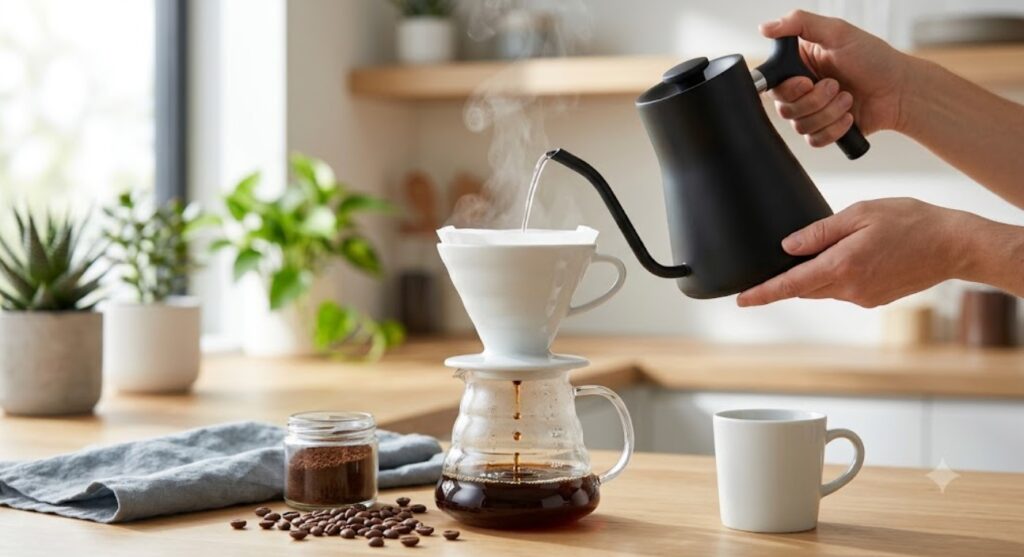 Manual pour-over coffee maker preparing fresh coffee.
