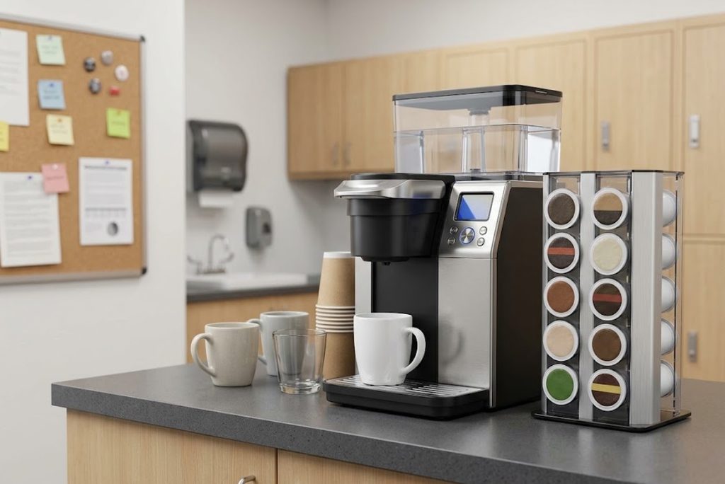 Keurig K155 OfficePRO single-serve coffee maker in an office break room