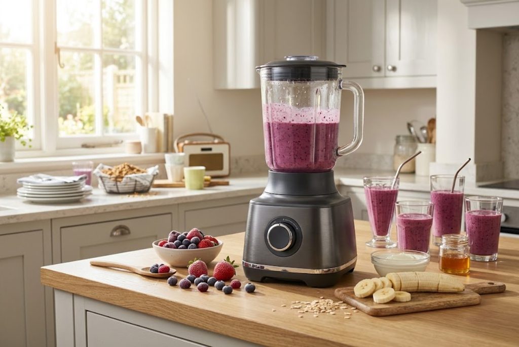 Ninja Professional Plus full-size blender preparing multiple berry smoothies