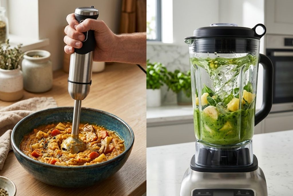 Immersion blender and countertop blender showing different blending methods