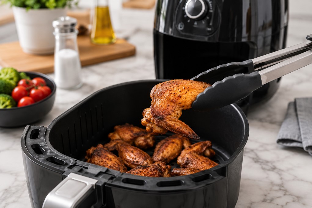 Silicone-tipped tongs lifting crispy chicken wings from an air fryer