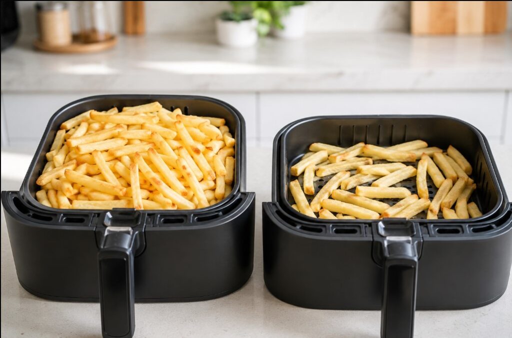air fryer mistakes and common cooking problems
Overcrowded air fryer basket compared with properly arranged food