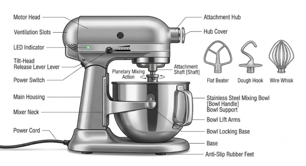 Main parts of a stand mixer labeled for beginners.