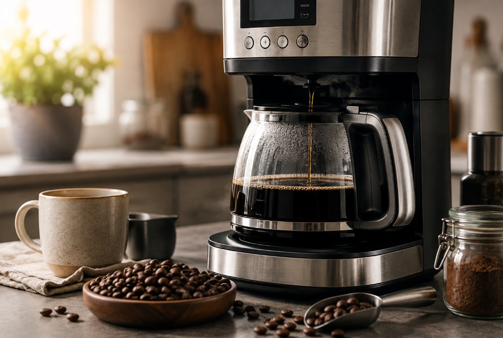Programmable drip coffee maker brewing fresh coffee in a modern kitchen