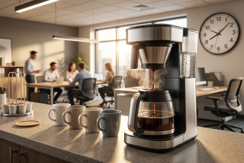 BUNN Speed Brew thermal coffee maker brewing a full carafe in an office