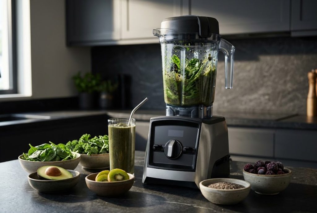 High-performance blender making a thick green smoothie with spinach, kale, avocado and kiwi