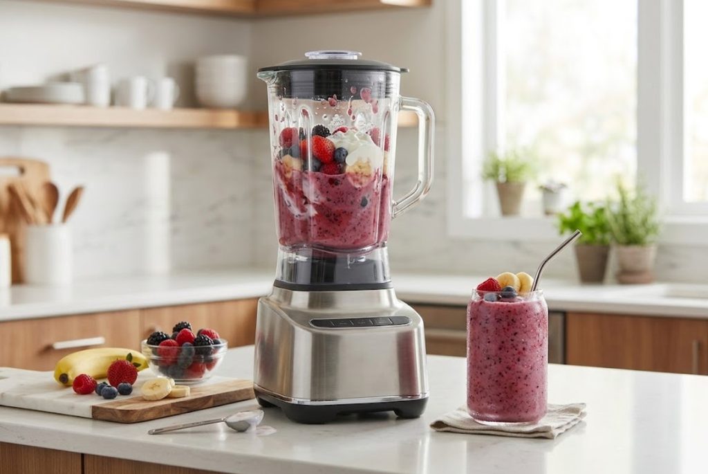 Countertop blender preparing a colorful berry and banana smoothie with fresh ingredients.