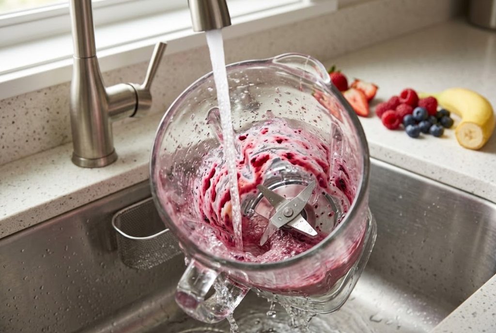 Blender jar being rinsed with warm water immediately after smoothie preparation.