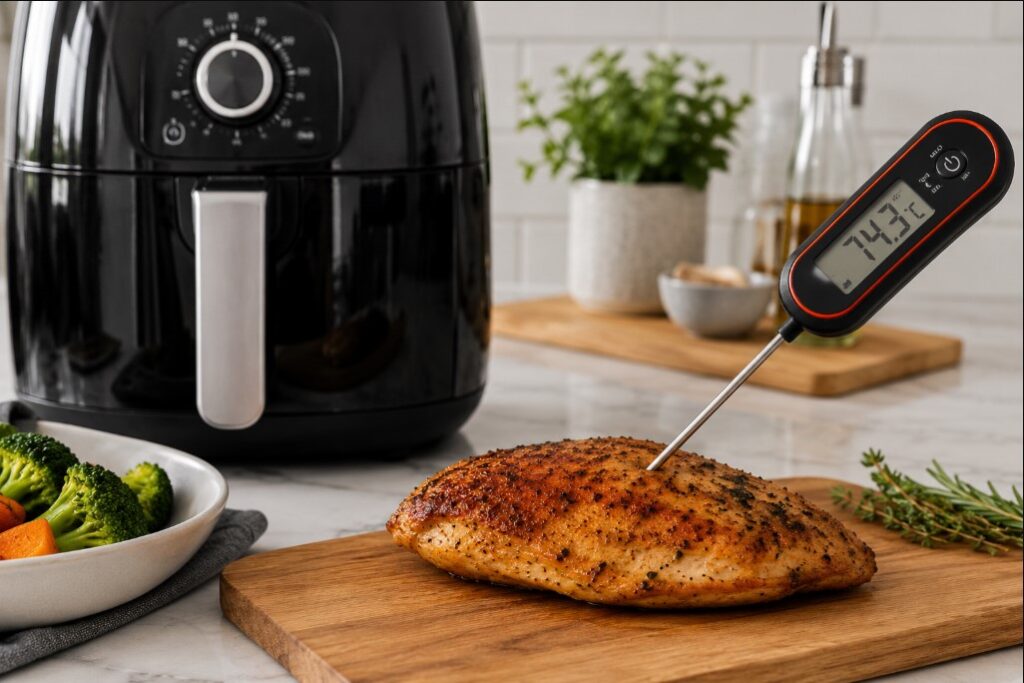 Instant-read cooking thermometer checking cooked chicken beside an air fryer