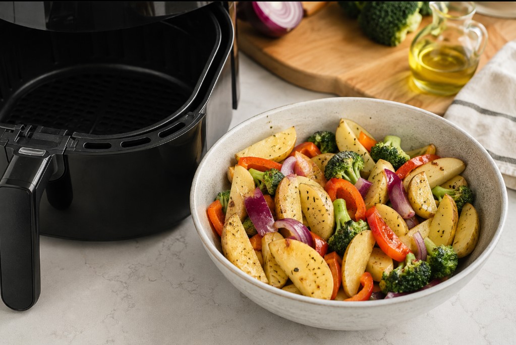 Fresh potato wedges and vegetables lightly coated with oil for air frying