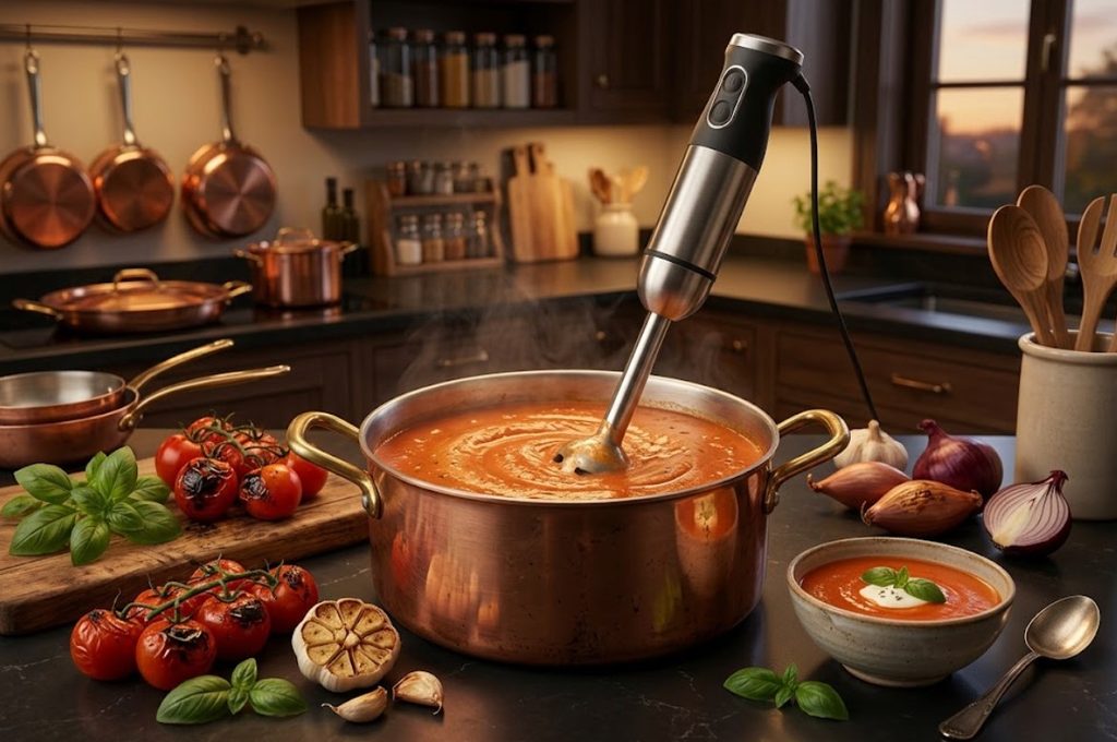 Immersion blender blending creamy tomato soup directly in a saucepan