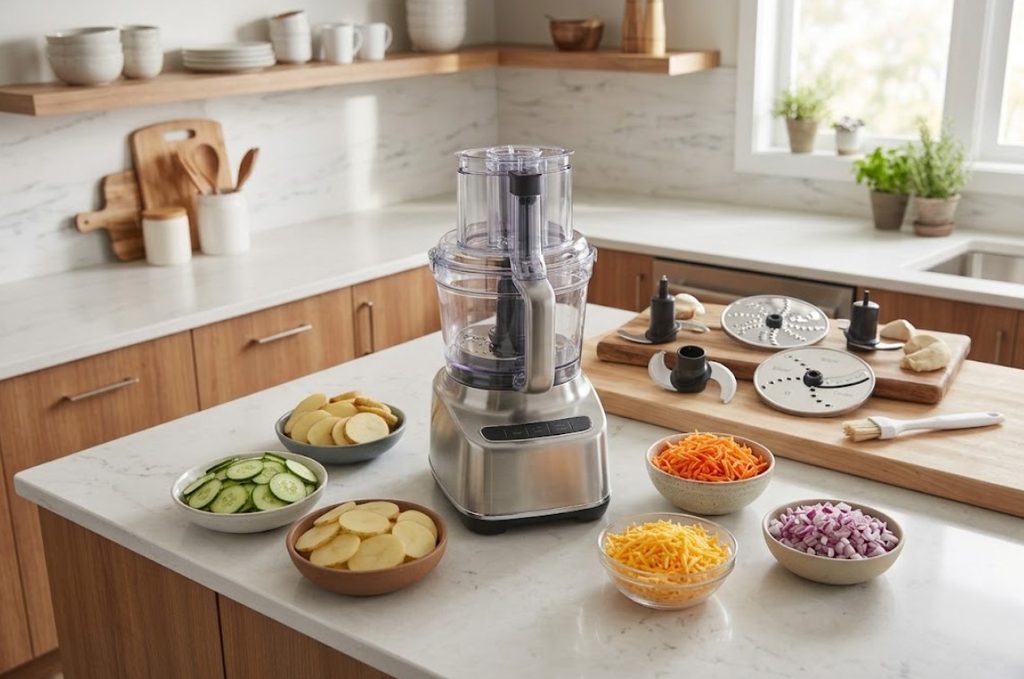 Food processor with slicing, shredding, grating, and chopping attachments and prepared ingredients.