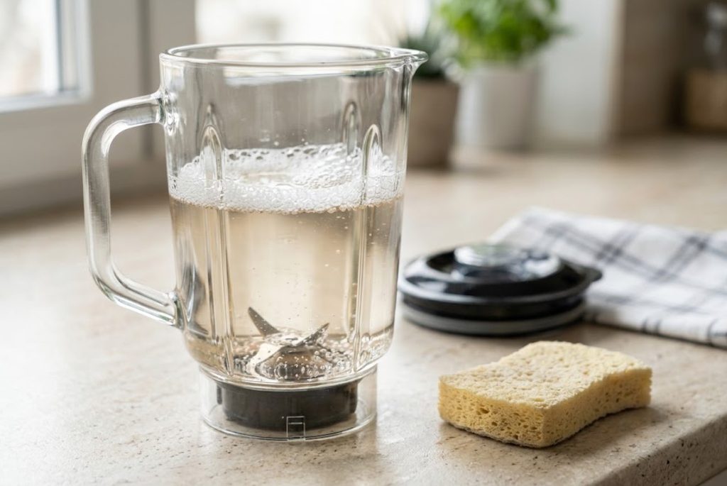 Blender jar with warm soapy water prepared for cleaning.