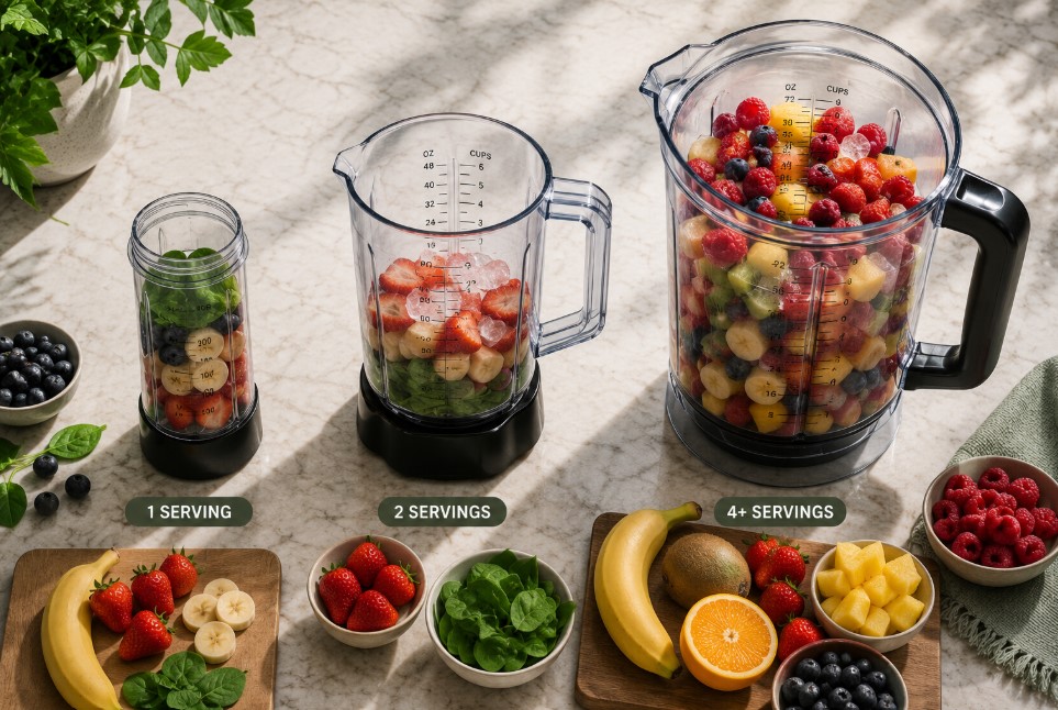 Different blender jar sizes for personal, medium and family-size blending.