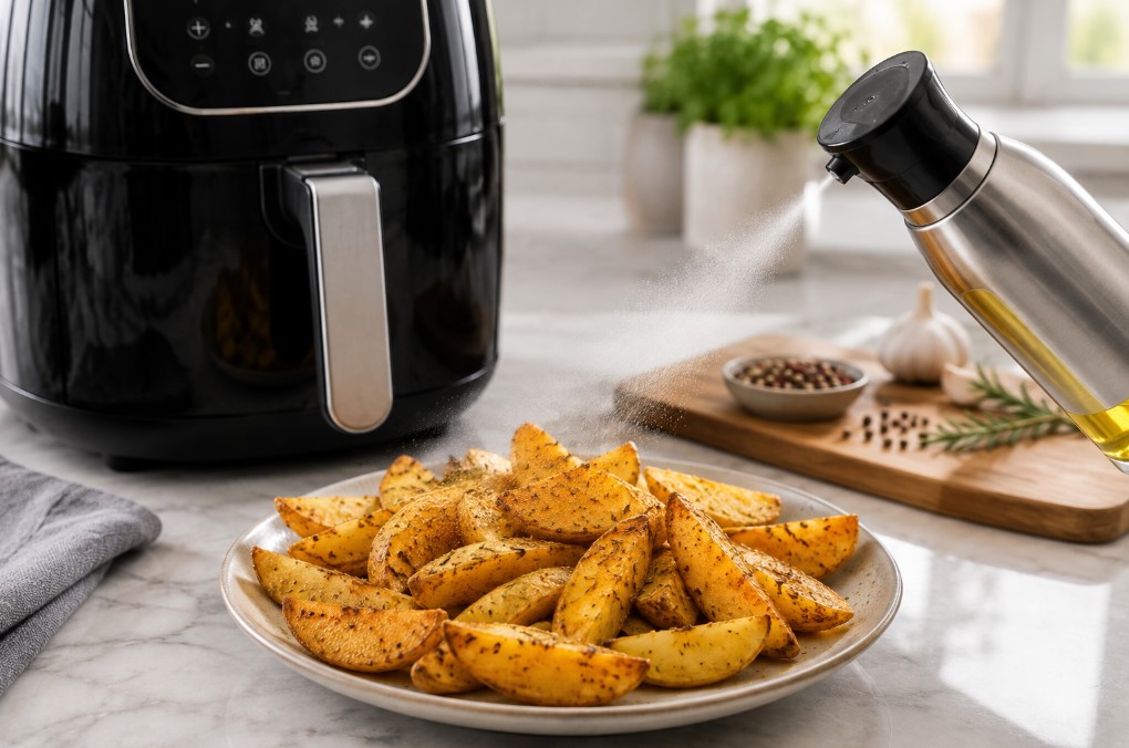 Oil sprayer lightly coating seasoned potato wedges before air frying