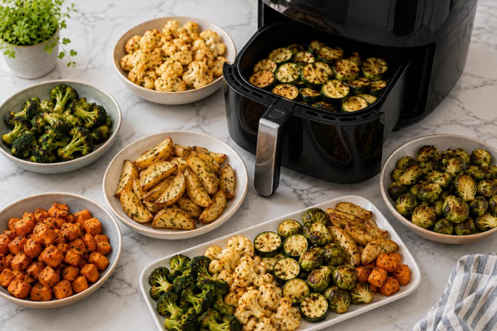 Air-fried broccoli cauliflower zucchini Brussels sprouts potatoes and sweet potatoes