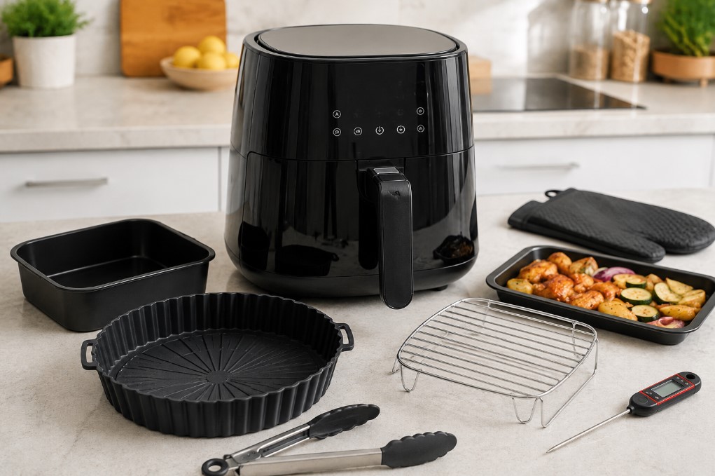 Air fryer with suitable baking dish, rack, silicone liner, tongs and food thermometer
