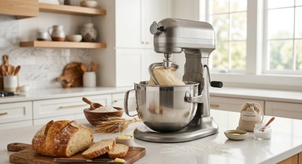 Stand mixer kneading bread dough.