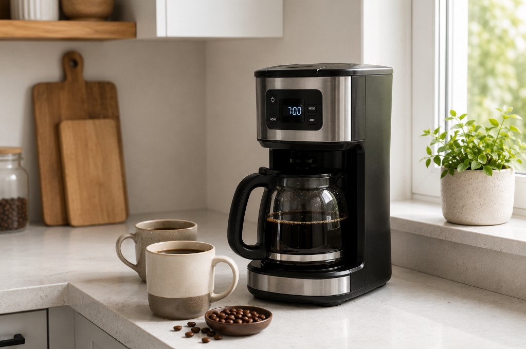 Compact programmable coffee maker with carafe for a small household kitchen