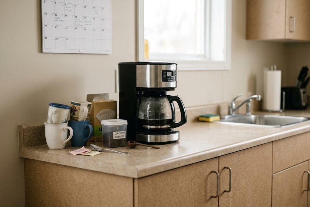 BLACK+DECKER 12-cup programmable coffee maker in a budget-friendly office kitchen