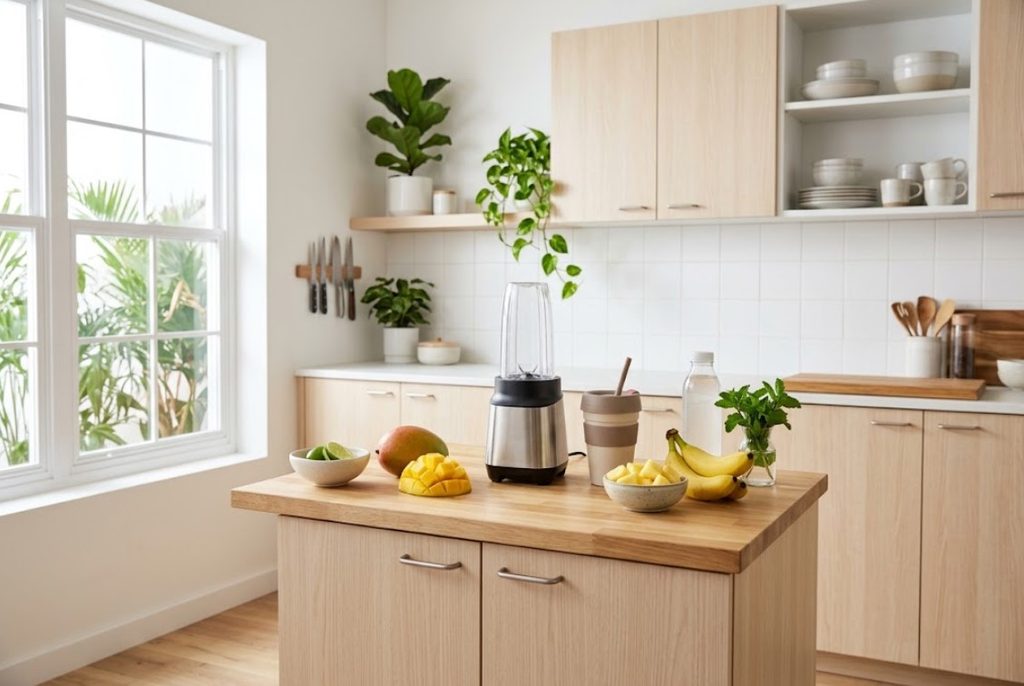 Compact personal blender in a small kitchen with mango, pineapple and banana smoothie ingredients