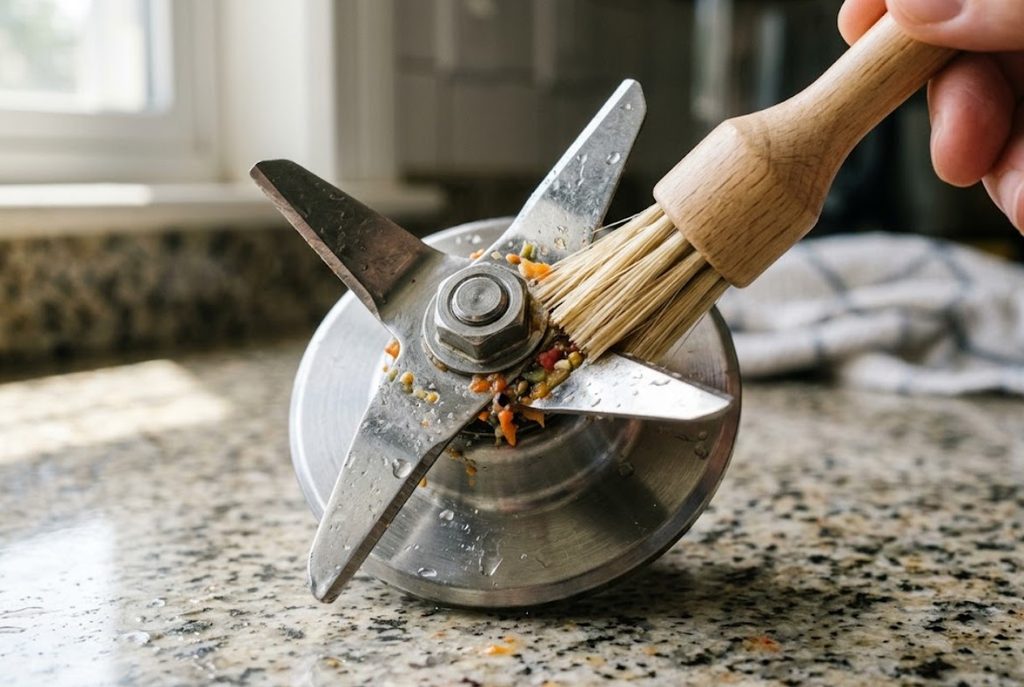 Soft brush carefully cleaning food residue around blender blades.