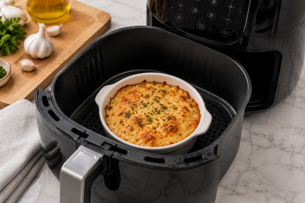 Small baking dish with casserole inside a modern air fryer