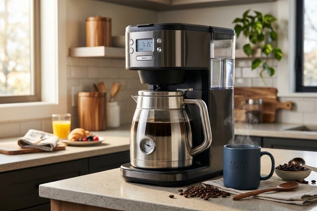 Programmable coffee maker with stainless-steel thermal carafe for everyday home use