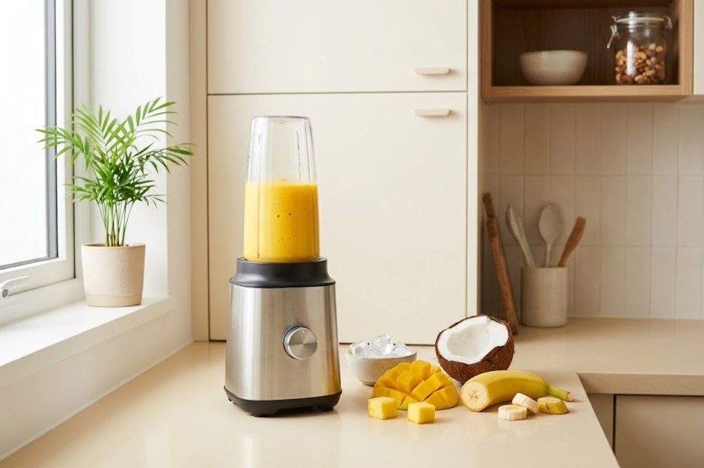 Best Blenders Under $100 example: compact personal blender making a tropical smoothie