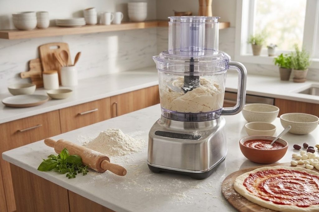 Food processor kneading homemade pizza dough with flour and pizza ingredients nearby.