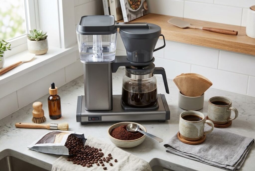Home coffee station with drip coffee maker, coffee filters, beans and accessories