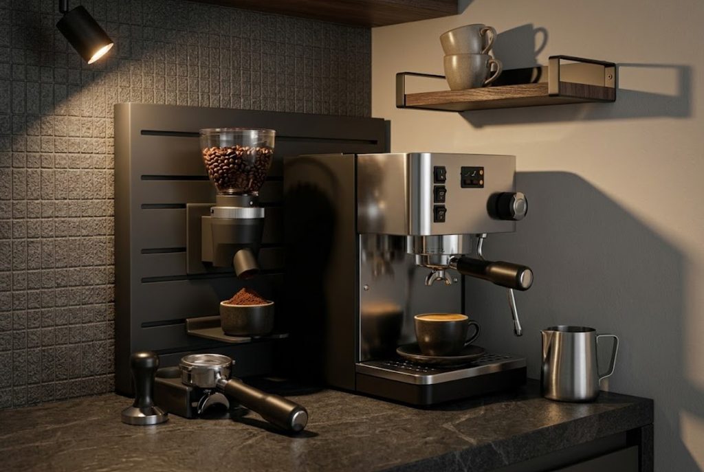 Compact espresso machine and grinder setup for a small kitchen