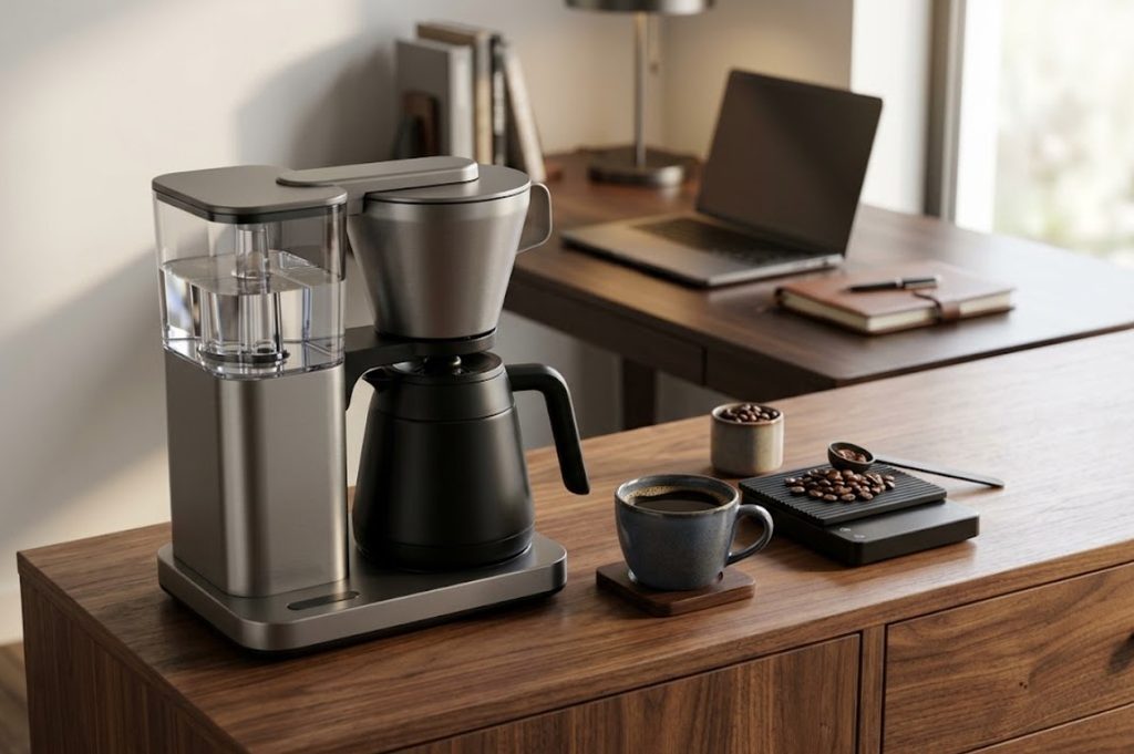 OXO Brew 8-cup coffee maker with thermal carafe in an executive home office
