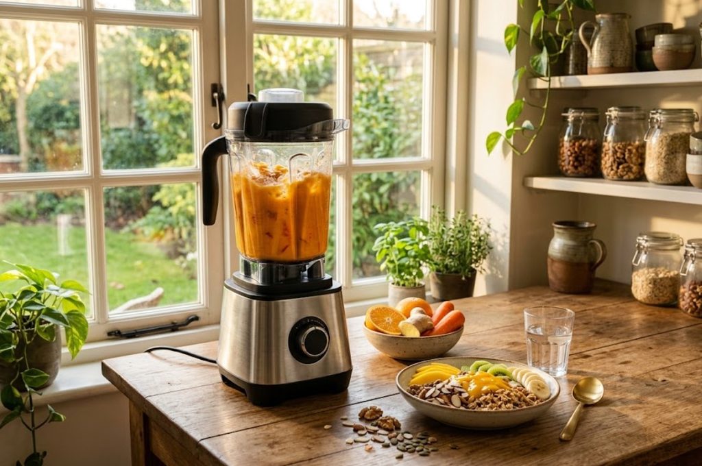 Full-size blender preparing an orange smoothie with carrots, mango, orange and ginger