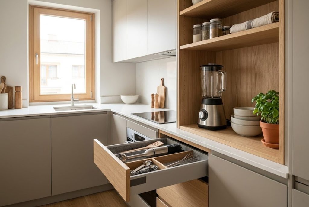 Compact kitchen storage comparison between an immersion blender and countertop blender